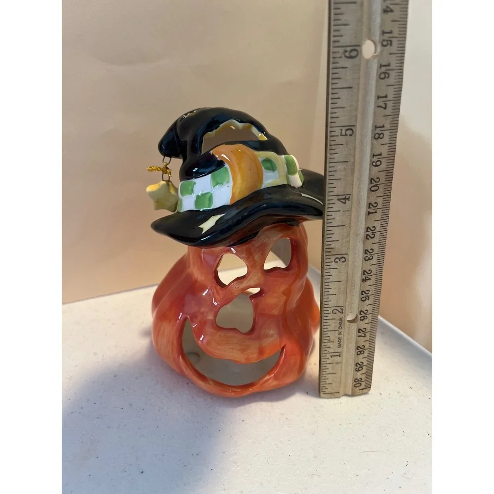 Ceramic Halloween Pumpkin Witch Hat Tea Light Holder Jack-O-Lantern Decor 6in